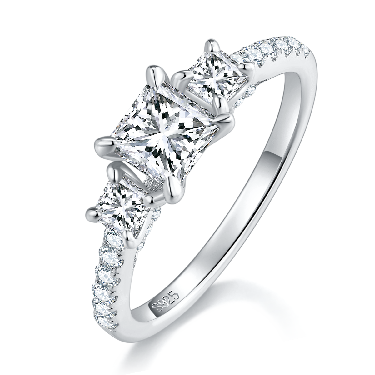 公主方三石女戒S925银镀白金定制主石莫桑钻0.8ct/副石高碳钻
