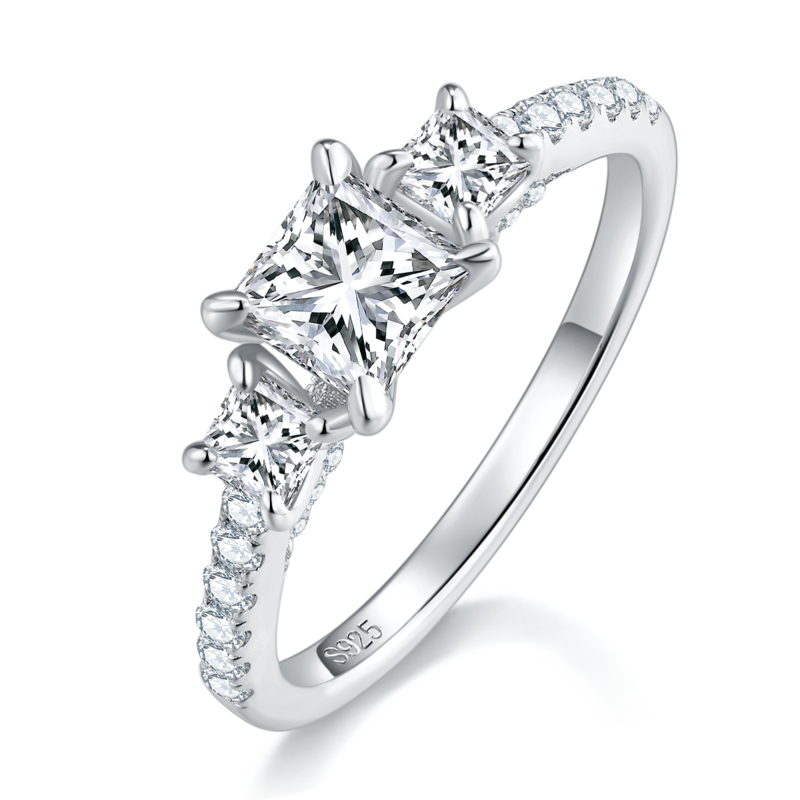 Princess Fang Three Stone Women's Ring S925 Silver Plated Platinum Customized Main Stone Moissanite Diamond 0.8ct/Secondary Stone High Carbon Diamond