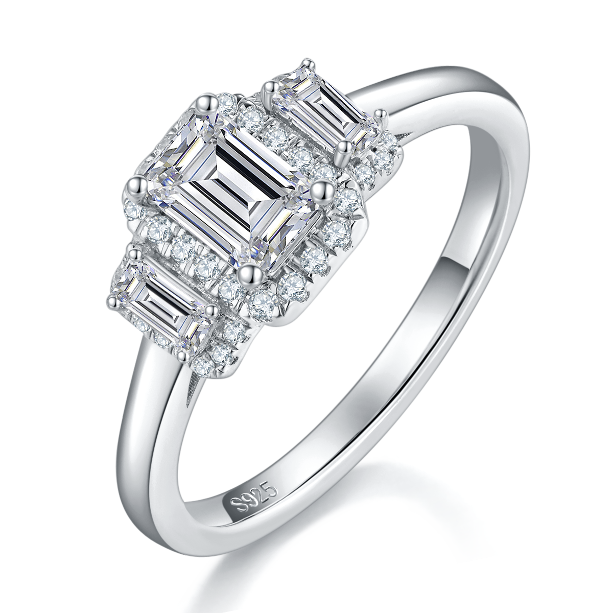 Emerald Round Package Three Stone Women's Ring S925 Silver Plated Platinum Customized Main Stone Moissanite Diamond 0.8ct/Secondary Stone High Carbon Diamond