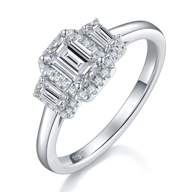 Emerald Round Package Three Stone Women's Ring S925 Silver Plated Platinum Customized Main Stone Moissanite Diamond 0.8ct/Secondary Stone High Carbon Diamond