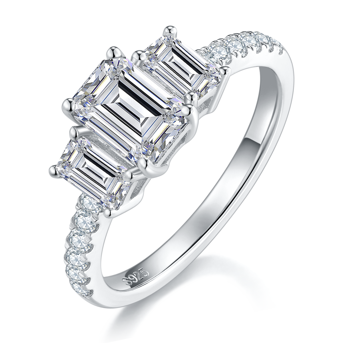 Straight arm micro inlaid emerald three stone women's ring S925 silver plated platinum customized main stone Moissanite diamond 1.0ct/secondary stone high carbon diamond