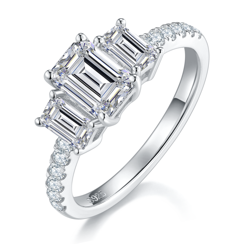 Straight arm micro inlaid emerald three stone women's ring S925 silver plated platinum customized main stone Moissanite diamond 1.0ct/secondary stone high carbon diamond