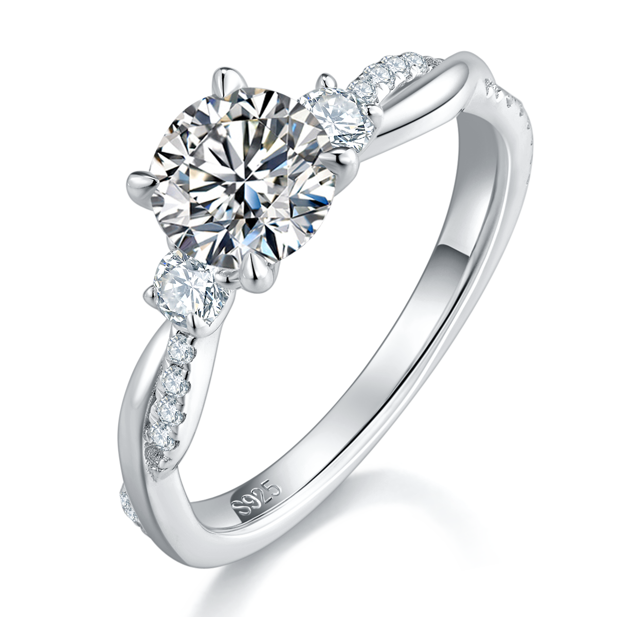 微镶四爪三石女戒S925银镀白金定制主石莫桑钻1.0ct/副石高碳钻
