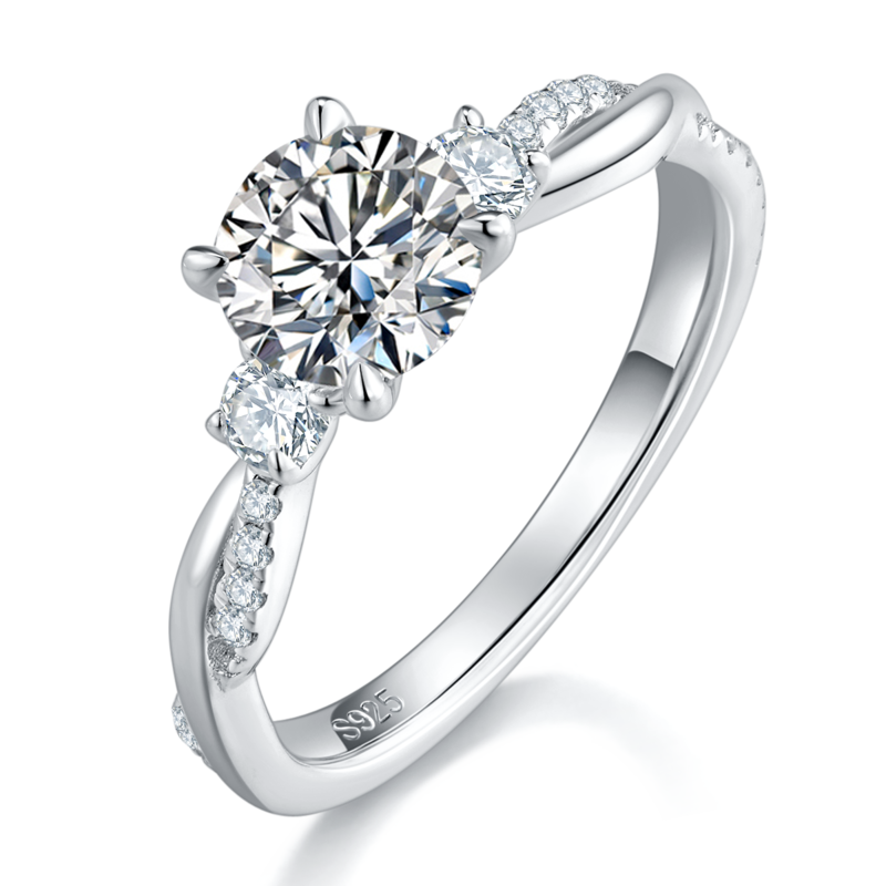 Micro inlaid four claw three stone women's ring S925 silver plated platinum customized main stone moissanite diamond 1.0ct/secondary stone high carbon diamond