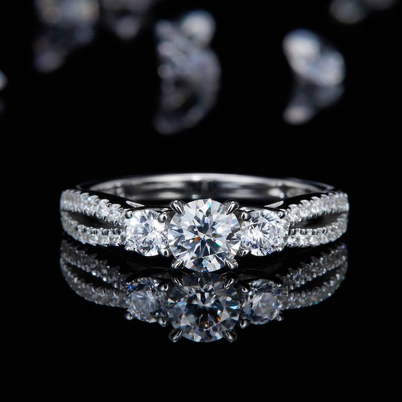 三石四爪女戒S925银镀白金定制主石莫桑钻0.5ct/副石高碳钻