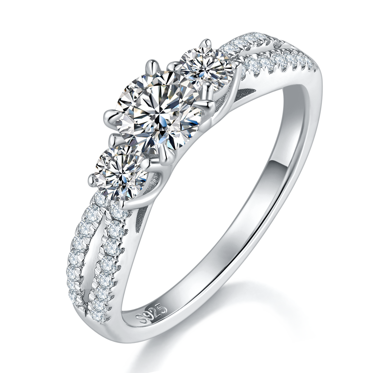 Three Stone Four Claw Women's Ring S925 Silver Plated Platinum Customized Main Stone Moissanite Diamond 0.5ct/Secondary Stone High Carbon Diamond