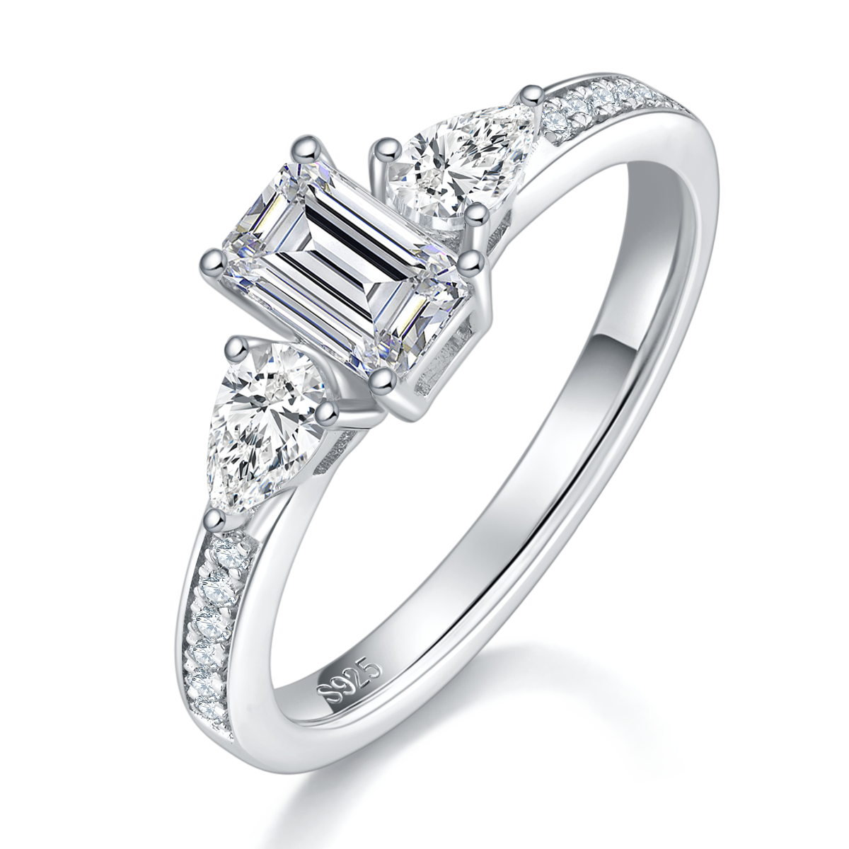 直臂微镶祖母绿三石女戒S925银镀白金定制主石莫桑钻0.8ct/副石高碳钻