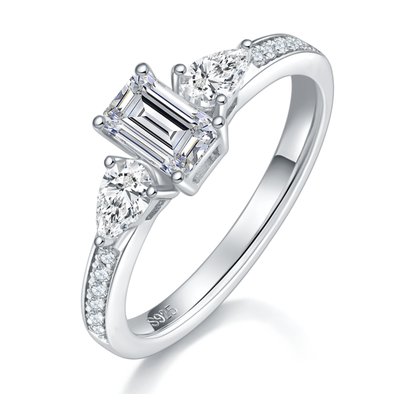 Straight arm micro inlaid emerald three stone women's ring S925 silver plated platinum customized main stone Moissanite diamond 0.8ct/secondary stone high carbon diamond