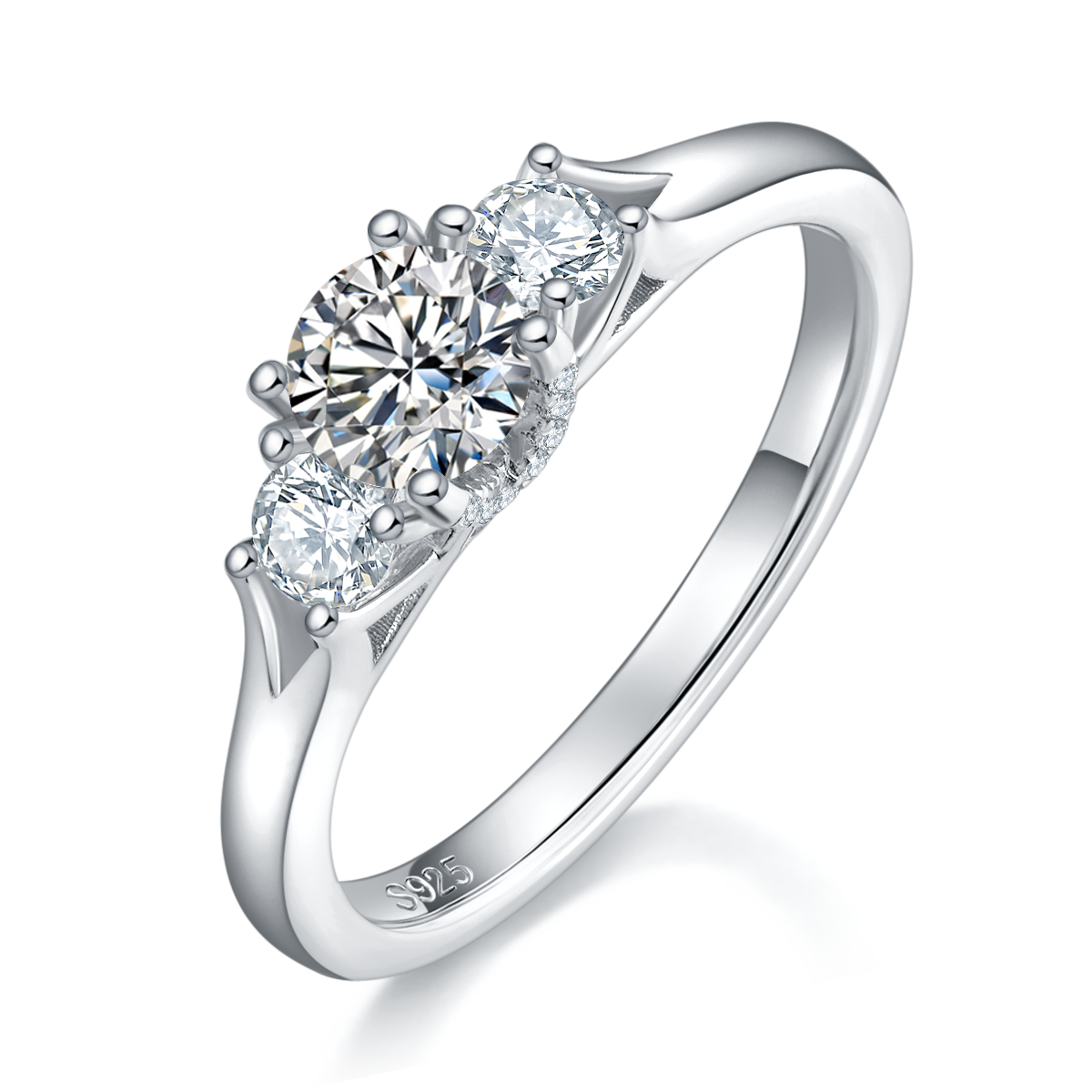 三石四爪女戒S925银镀白金定制主石莫桑钻0.5ct/副石高碳钻