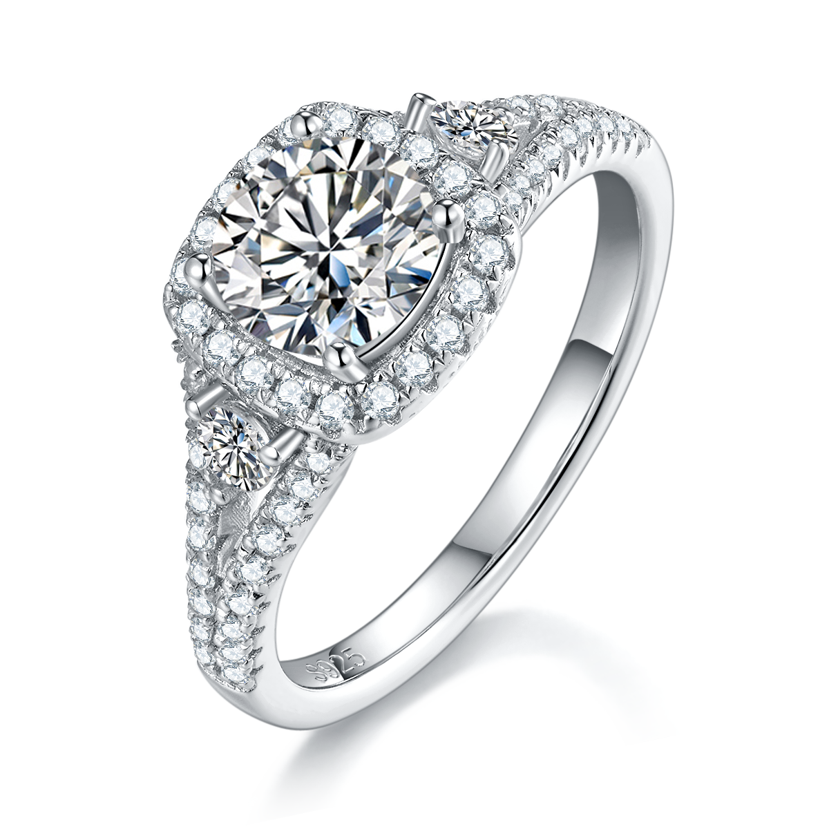 Three Stone Deluxe Square Bag Women's Ring S925 Silver Plated Platinum Customized Main Stone Moissanite Diamond 1.0ct/Secondary Stone High Carbon Diamond
