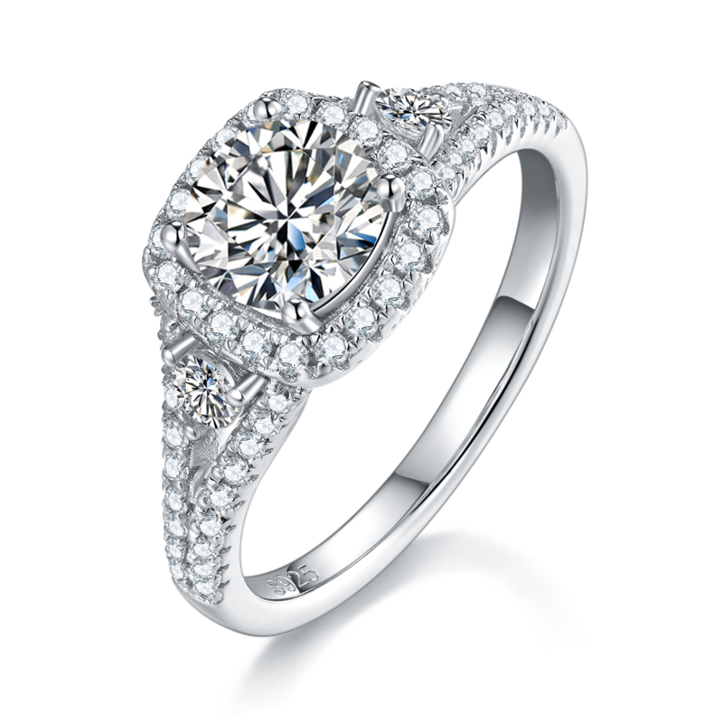 Three Stone Deluxe Square Bag Women's Ring S925 Silver Plated Platinum Customized Main Stone Moissanite Diamond 1.0ct/Secondary Stone High Carbon Diamond