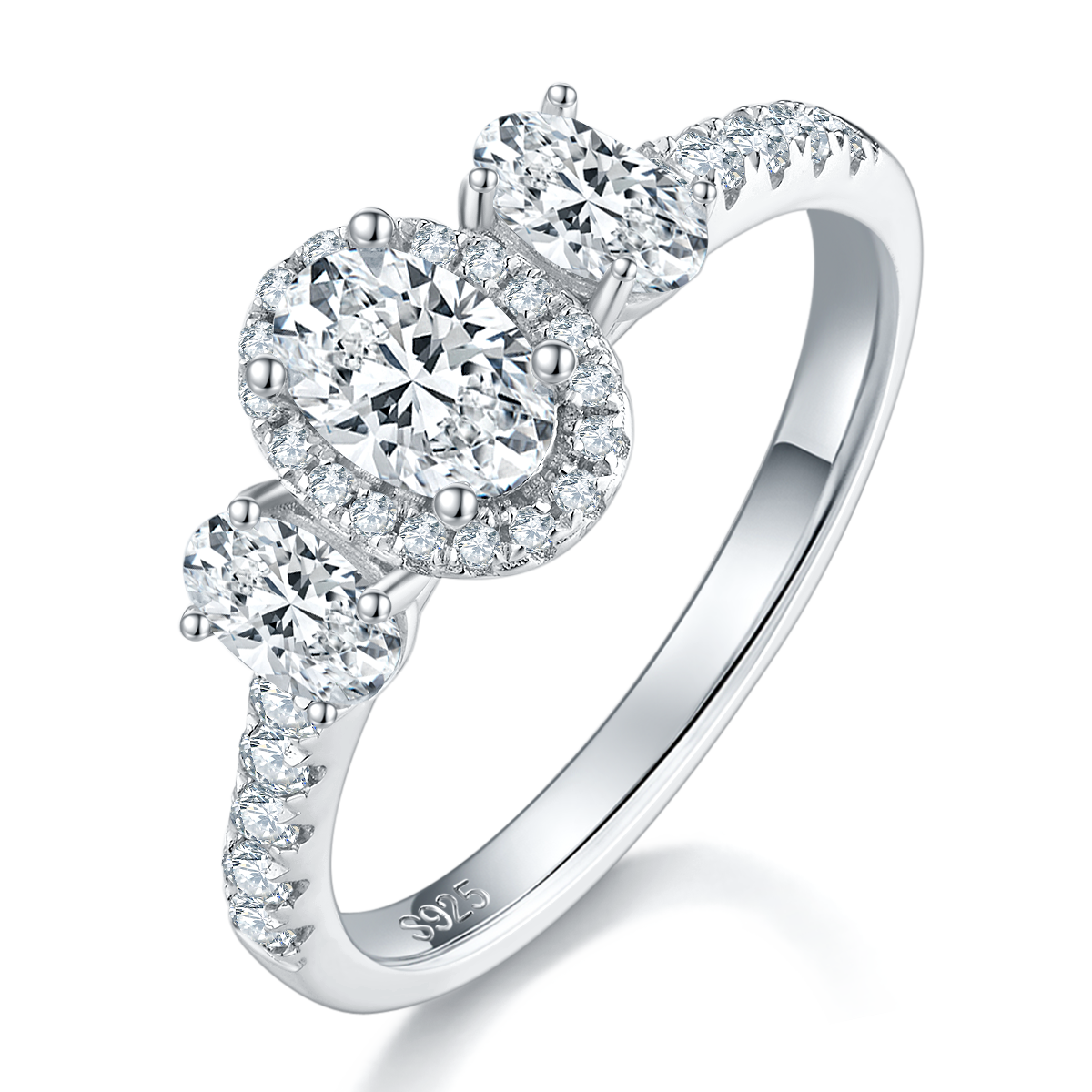 蛋形三石圆包女戒S925银镀白金定制主石莫桑钻0.5ct/副石高碳钻