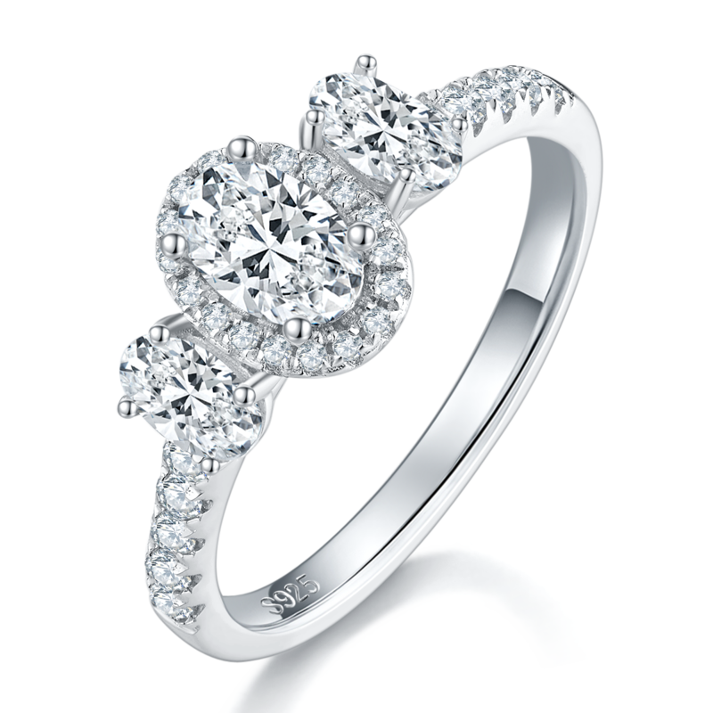 Egg shaped three stone round wrapped women's ring S925 silver plated platinum customized main stone moissanite diamond 0.5ct/secondary stone high carbon diamond