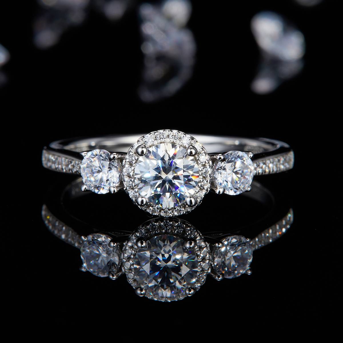 Three Stone Women's Ring S925 Silver Plated Platinum Customized Selection Main Stone Moissanite Diamond 0.5ct/Secondary Stone High Carbon Diamond