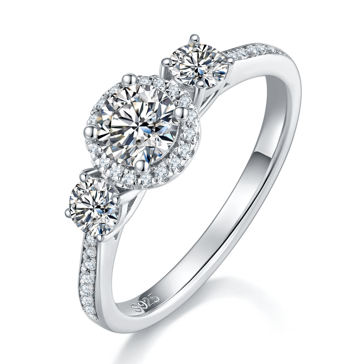 Three Stone Women's Ring S925 Silver Plated Platinum Customized Selection Main Stone Moissanite Diamond 0.5ct/Secondary Stone High Carbon Diamond