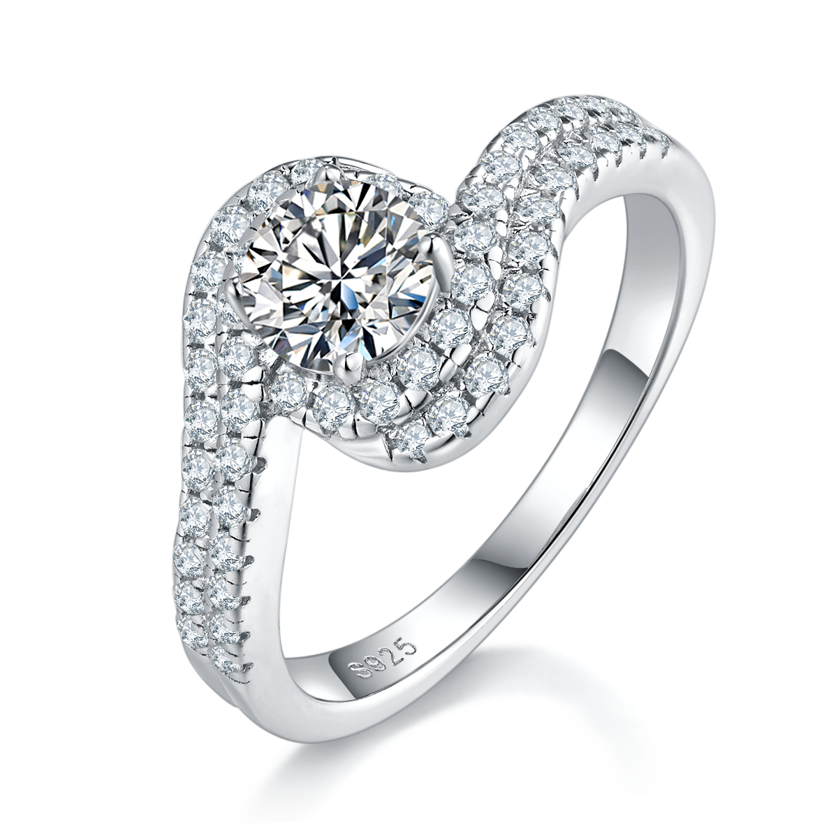 双排满钻扭臂女戒S925银镀白金定制选款主石莫桑钻0.6ct/副石高碳钻