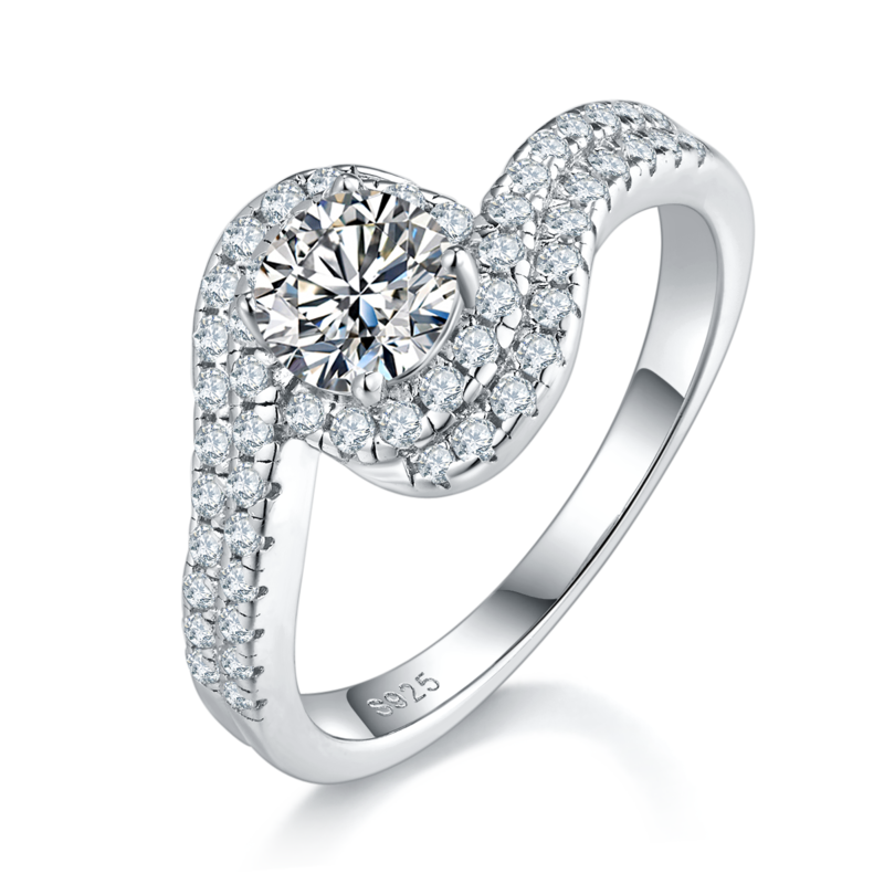 双排满钻扭臂女戒S925银镀白金定制选款主石莫桑钻0.6ct/副石高碳钻