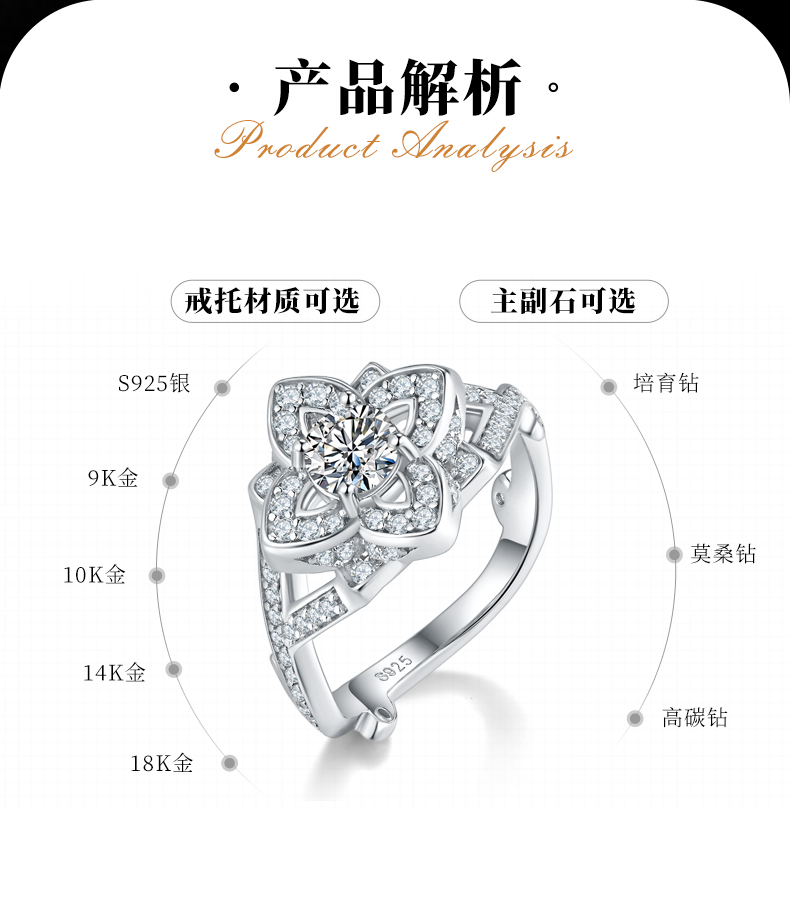 枝叶花藤女戒S925银镀白金定制选款主石莫桑钻0.5ct/副石高碳钻 - 2