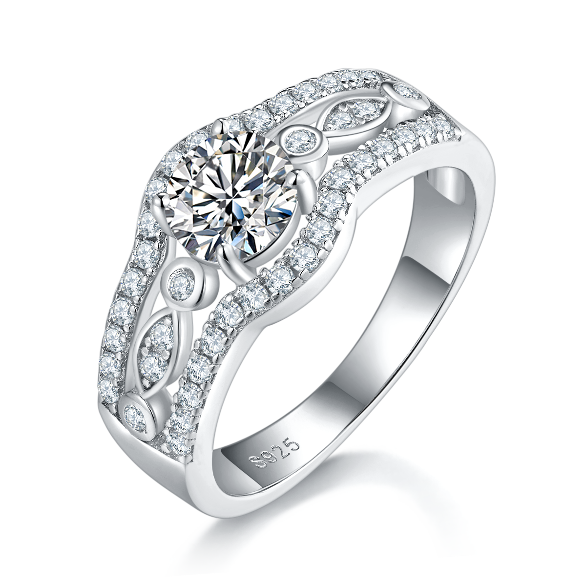 Full Diamond Four Claw Round Women's Ring S925 Silver Plated Platinum Customized Selection Main Stone Moissanite Diamond 0.8ct/Secondary Stone High Carbon Diamond
