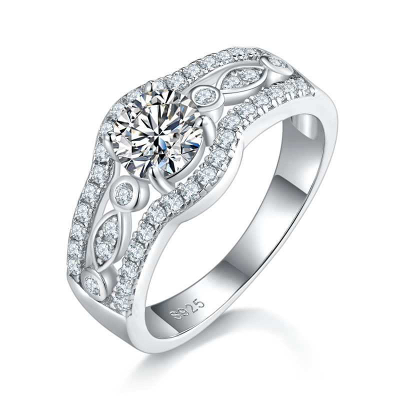 Full Diamond Four Claw Round Women's Ring S925 Silver Plated Platinum Customized Selection Main Stone Moissanite Diamond 0.8ct/Secondary Stone High Carbon Diamond