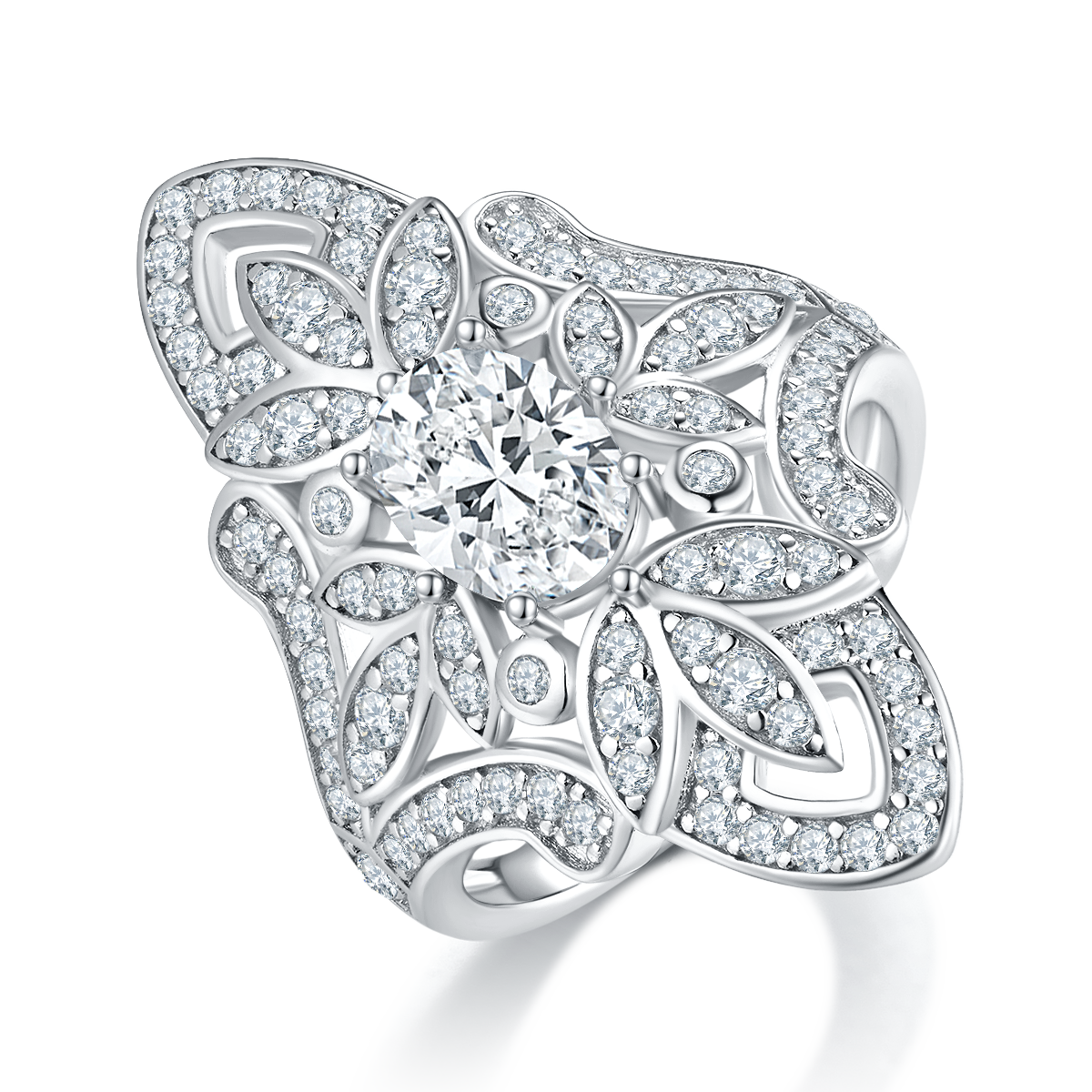 Exaggerated Personalized Flower Women's Ring S925 Silver Plated Platinum Customized Selection Main Stone Moissanite Diamond 1.5ct/Secondary Stone High Carbon Diamond