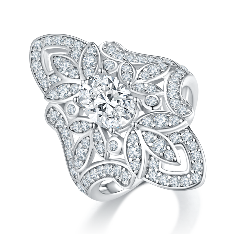Exaggerated Personalized Flower Women's Ring S925 Silver Plated Platinum Customized Selection Main Stone Moissanite Diamond 1.5ct/Secondary Stone High Carbon Diamond
