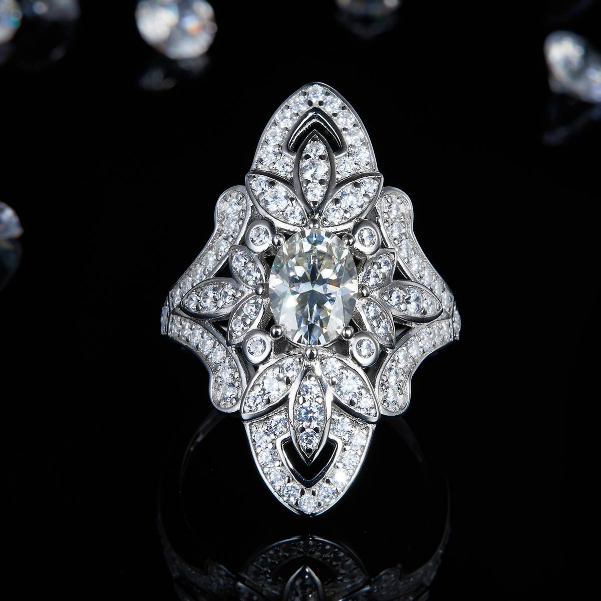 Exaggerated Personalized Flower Women's Ring S925 Silver Plated Platinum Customized Selection Main Stone Moissanite Diamond 1.5ct/Secondary Stone High Carbon Diamond