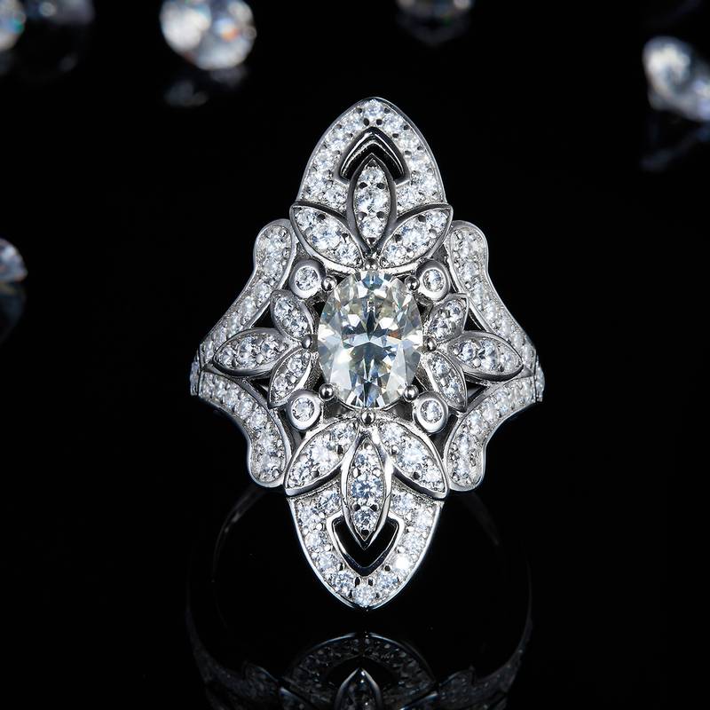 Exaggerated Personalized Flower Women's Ring S925 Silver Plated Platinum Customized Selection Main Stone Moissanite Diamond 1.5ct/Secondary Stone High Carbon Diamond