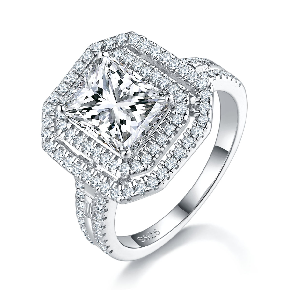 Full Diamond Emerald Cut Women's Ring S925 Silver Plated Platinum Customized Selection Main Stone Moissanite Diamond 3.0ct/Secondary Stone High Carbon Diamond