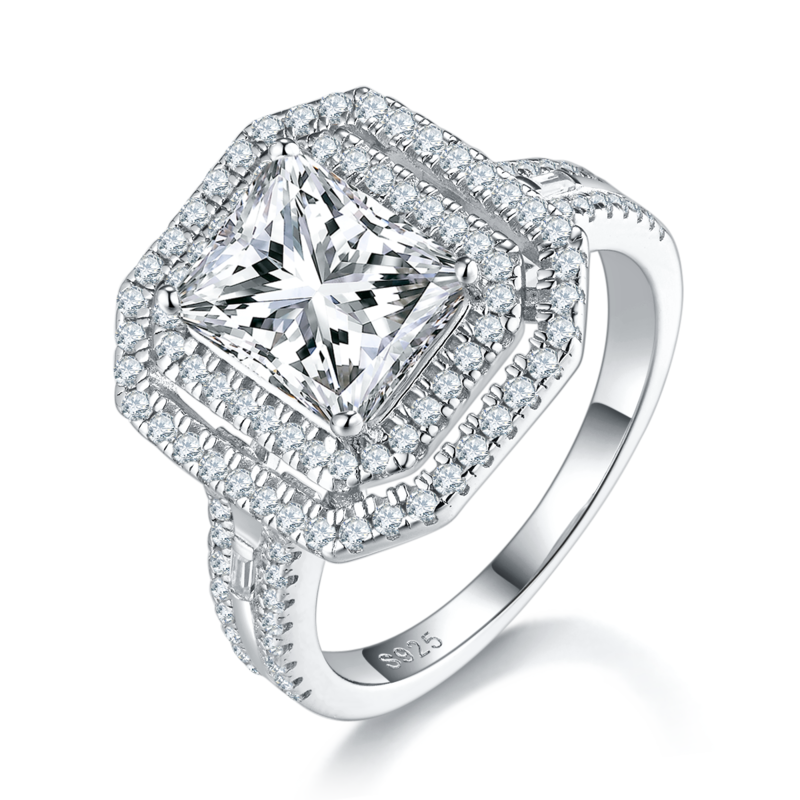 Full Diamond Emerald Cut Women's Ring S925 Silver Plated Platinum Customized Selection Main Stone Moissanite Diamond 3.0ct/Secondary Stone High Carbon Diamond