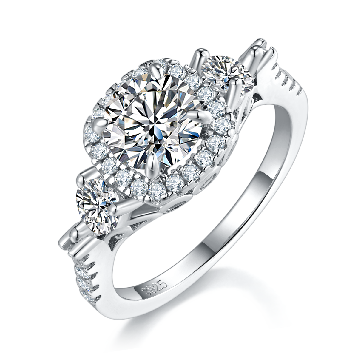 圆形方包女戒S925银镀白金定制选款主石莫桑钻1.2ct/副石高碳钻