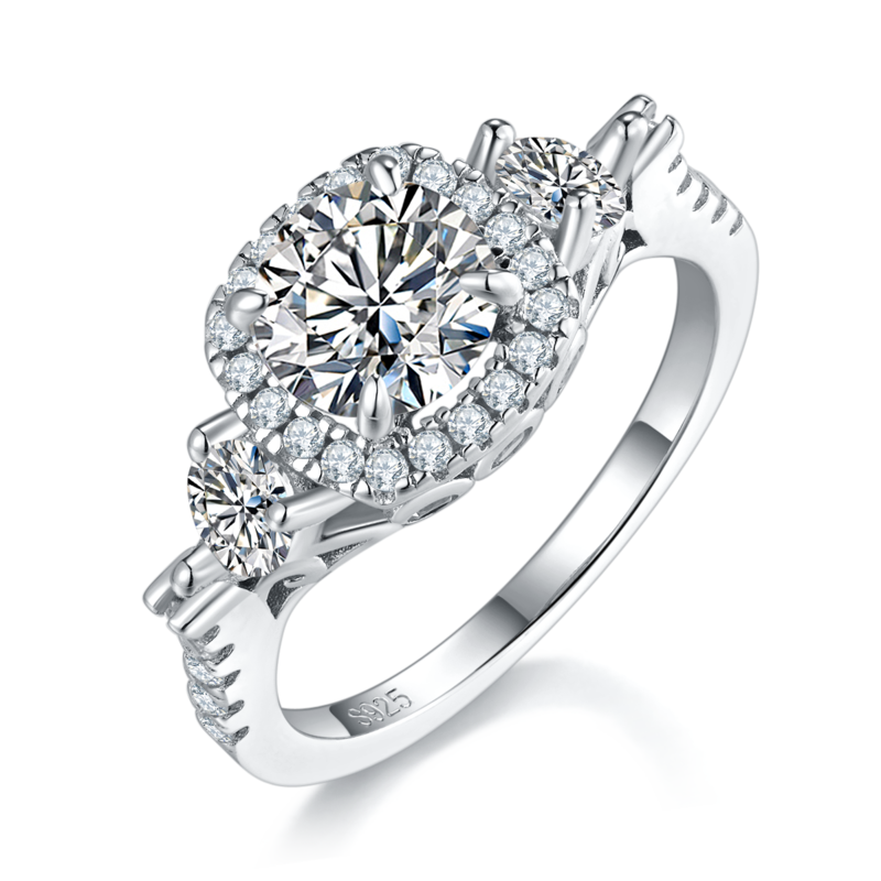 圆形方包女戒S925银镀白金定制选款主石莫桑钻1.2ct/副石高碳钻