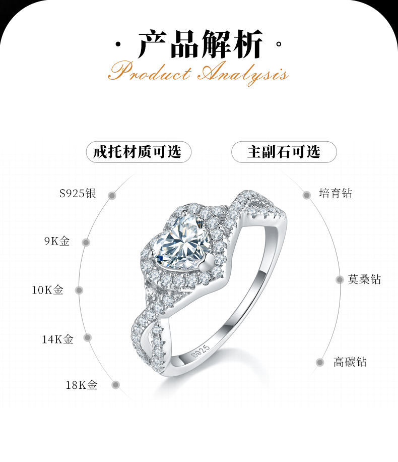 心形圆包女戒S925银镀白金定制选款主石莫桑钻0.8ct/副石高碳钻 - 2
