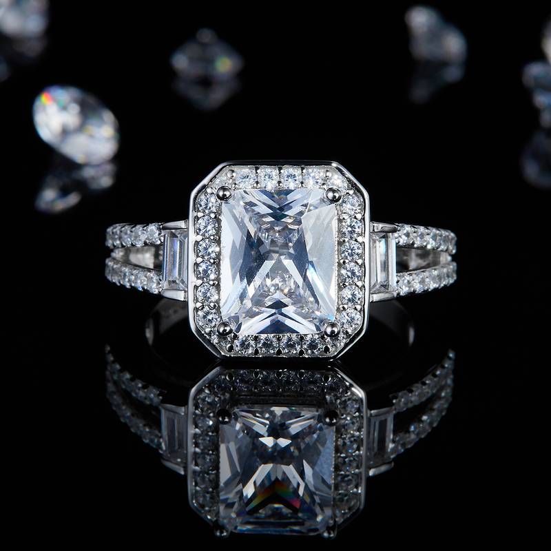 Emerald Cut Round Bag Women's Ring S925 Silver Plated Platinum Customized Selection Main Stone Moissanite Diamond 3.0ct/Secondary Stone High Carbon Diamond