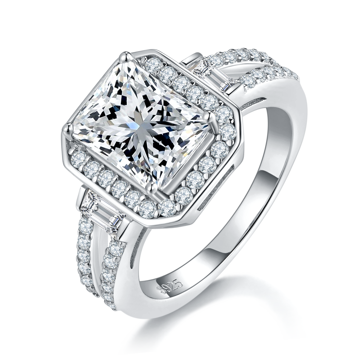 Emerald Cut Round Bag Women's Ring S925 Silver Plated Platinum Customized Selection Main Stone Moissanite Diamond 3.0ct/Secondary Stone High Carbon Diamond
