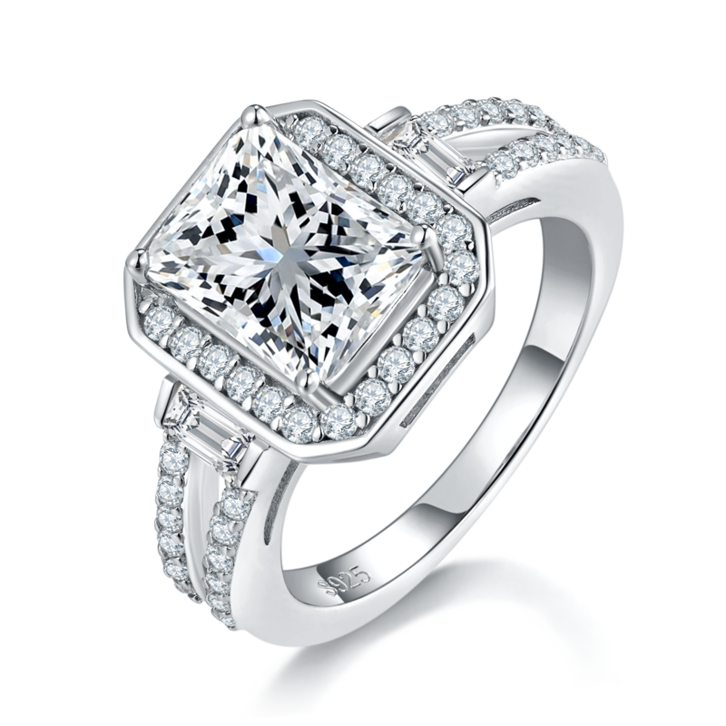 Emerald Cut Round Bag Women's Ring S925 Silver Plated Platinum Customized Selection Main Stone Moissanite Diamond 3.0ct/Secondary Stone High Carbon Diamond