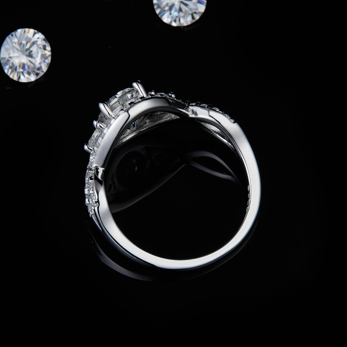 Twisted arm egg shaped three stone women's ring S925 silver plated platinum custom selection main stone moissanite diamond 1.5ct/secondary stone high carbon diamond