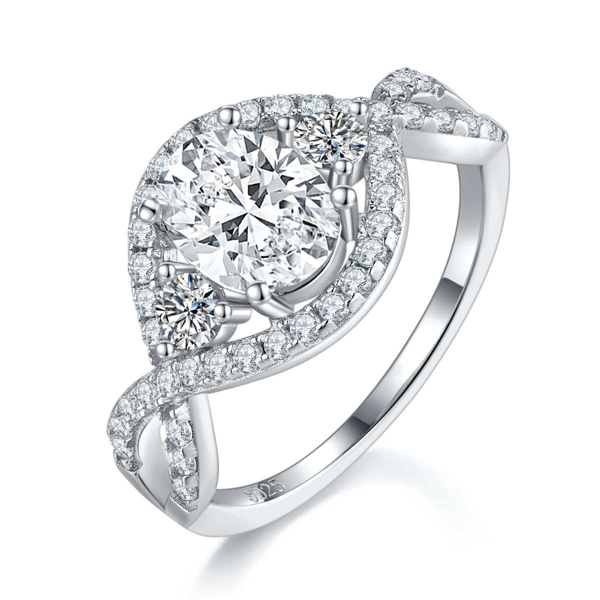 Twisted arm egg shaped three stone women's ring S925 silver plated platinum custom selection main stone moissanite diamond 1.5ct/secondary stone high carbon diamond