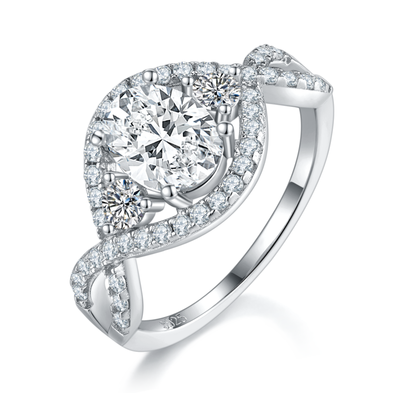 Twisted arm egg shaped three stone women's ring S925 silver plated platinum custom selection main stone moissanite diamond 1.5ct/secondary stone high carbon diamond