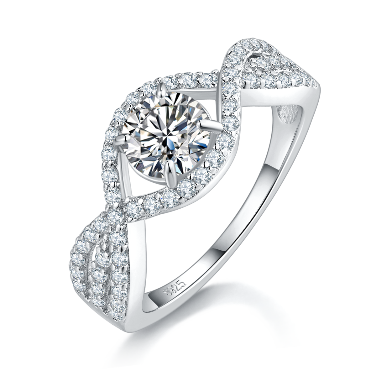 Twisted arm circular four claw women's ring S925 silver plated platinum custom selection main stone moissanite diamond 0.8ct/secondary stone high carbon diamond