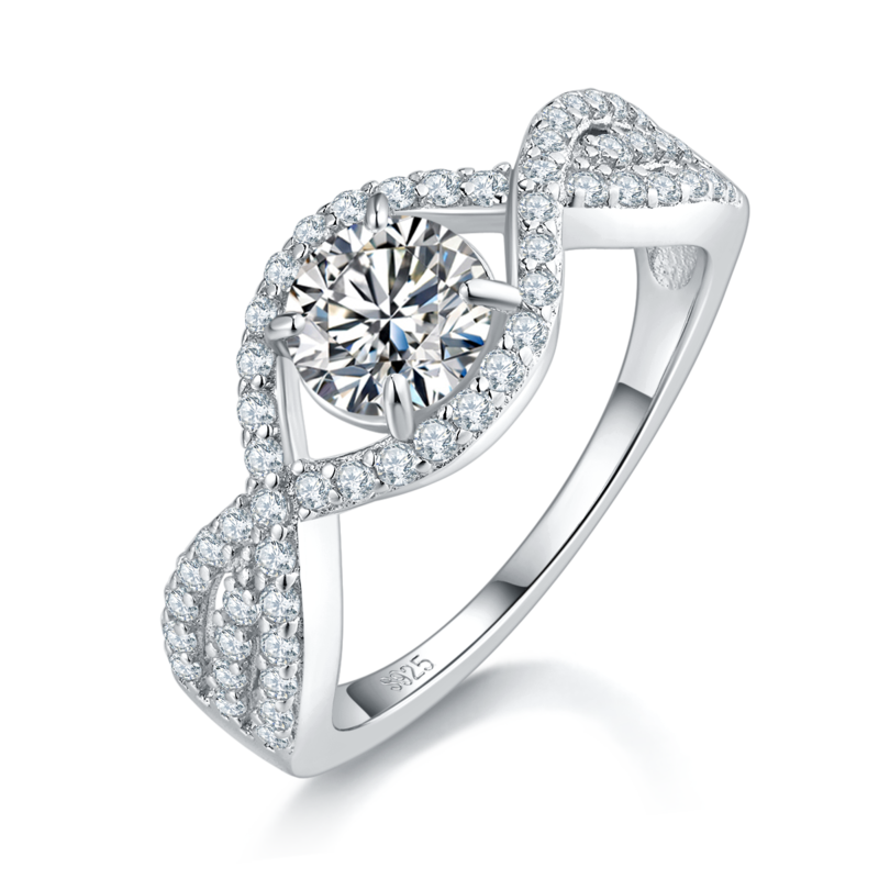Twisted arm circular four claw women's ring S925 silver plated platinum custom selection main stone moissanite diamond 0.8ct/secondary stone high carbon diamond