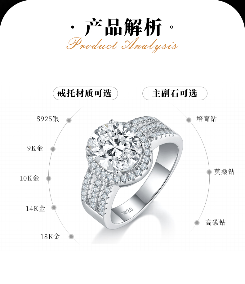 单头女戒S925银镀白金女戒定制选款主石莫桑钻3.0ct/副石高碳钻 - 2