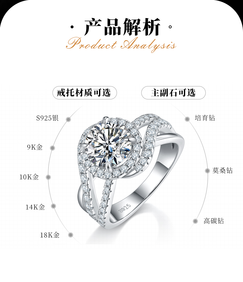 单头女戒S925银镀白金女戒定制选款主石莫桑钻2.0ct/副石高碳钻 - 2