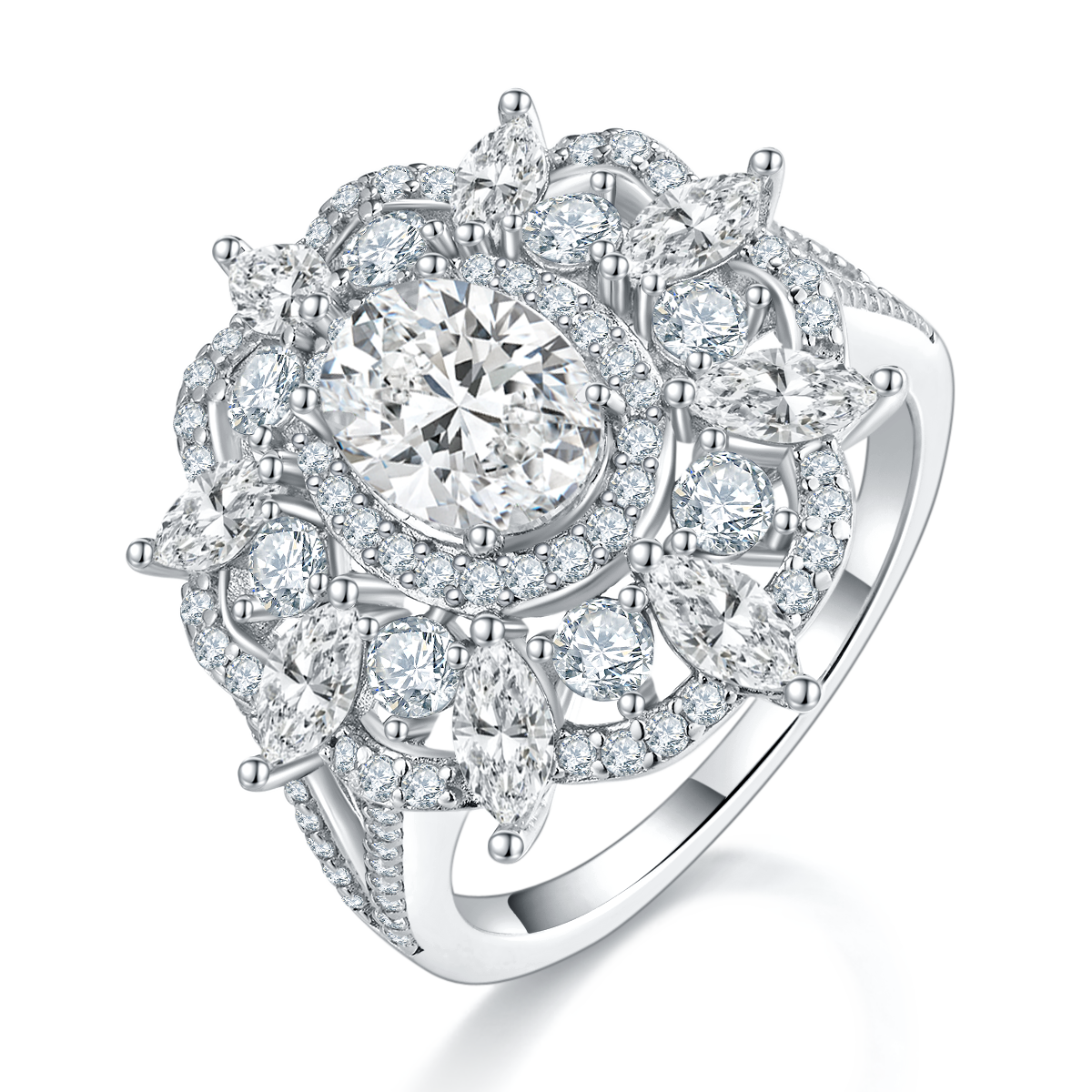 Deluxe Full Diamond Egg shaped Women's Ring S925 Silver Plated Platinum Customized Selection Main Stone Moissanite Diamond 1.5ct/Secondary Stone High Carbon Diamond