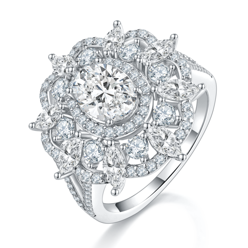 Deluxe Full Diamond Egg shaped Women's Ring S925 Silver Plated Platinum Customized Selection Main Stone Moissanite Diamond 1.5ct/Secondary Stone High Carbon Diamond