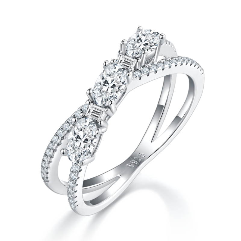 X字蛋形排戒S925银镀白金女戒定制选款副石莫桑钻1.1ct