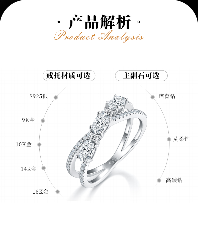 X字蛋形排戒S925银镀白金女戒定制选款副石莫桑钻1.1ct - 2