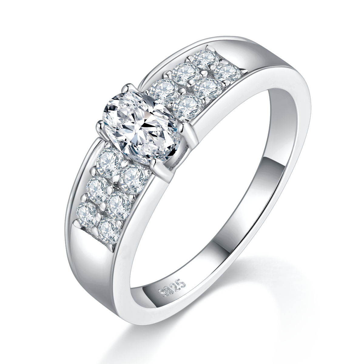 蛋形S925银镀白金女戒定制选款主石莫桑钻0.5ct/副石高碳钻