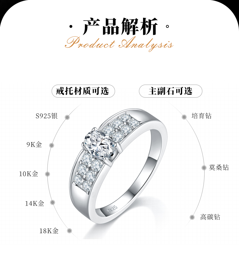 蛋形S925银镀白金女戒定制选款主石莫桑钻0.5ct/副石高碳钻 - 2