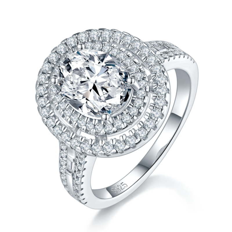 Luxury double-layer egg shaped round bag women's ring S925 silver plated platinum customized selection main stone moissanite diamond 2.0ct/secondary stone high carbon diamond